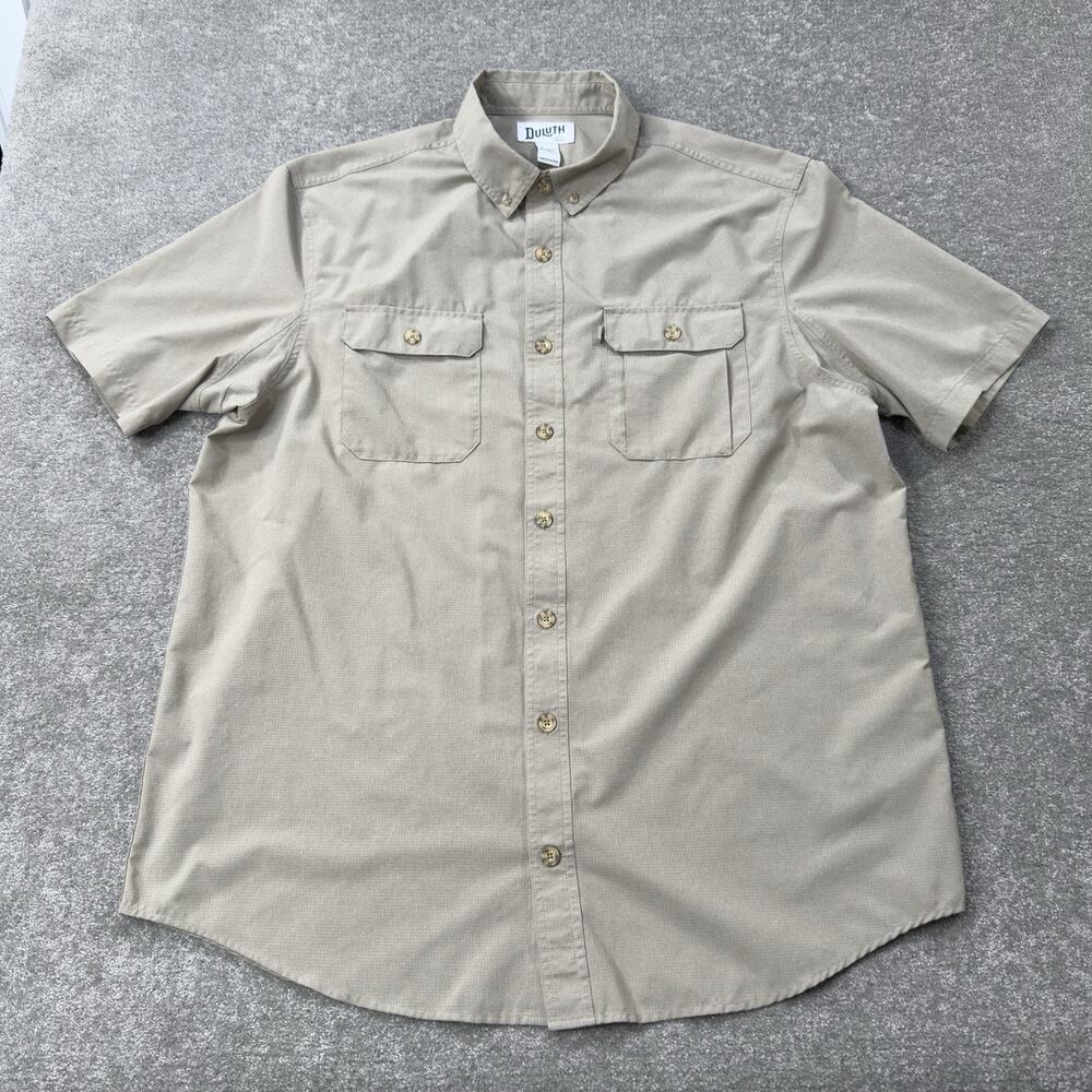 Duluth Trading Co Short‎ Sleeve Button Down Shirt Tan Utility Mens XL Tall Work